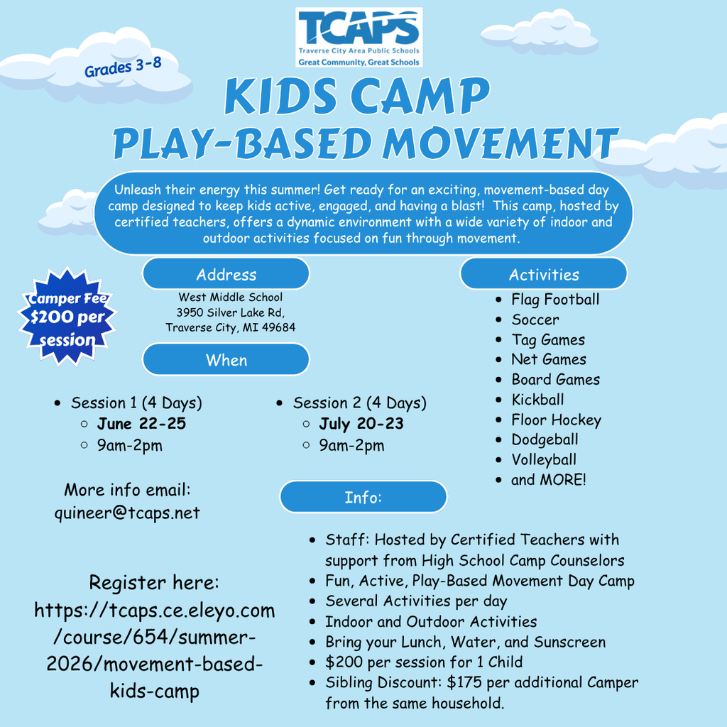 A flyer with a blue sky and clouds background advertises a play-based movement camp for grades 1-3. It offers sessions on various activities.
