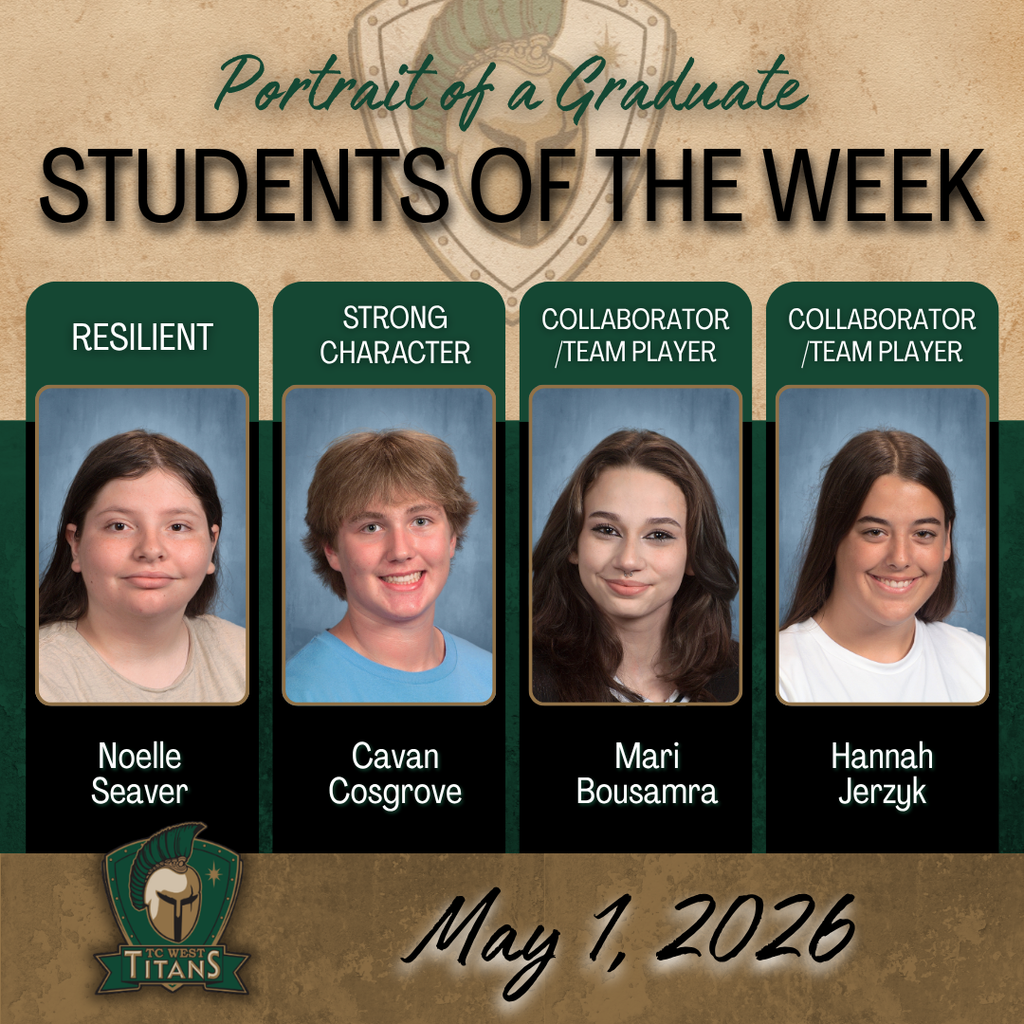 A poster featuring four student portraits. Each has a title: Resilient, Strong Character, Collaborator/Team Player. Names are Noelle Seaver, Cavan Cosgrove, Mari Bousamra, Hannah Jerzyk.