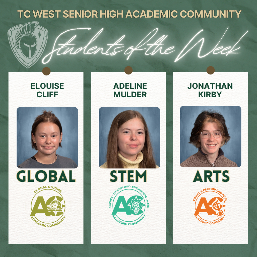 Three students on a green background, each with a badge: Elooise for Global, Adeline for STEM, and Jonathan for Arts.