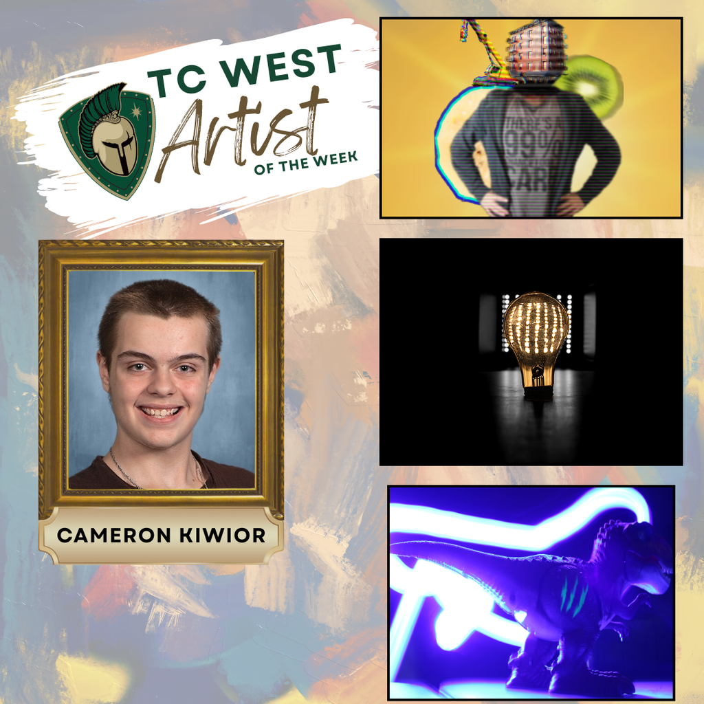 Collage featuring TC West Artist of the Week. Portrait of Cameron, smiling, with three diverse artworks.
