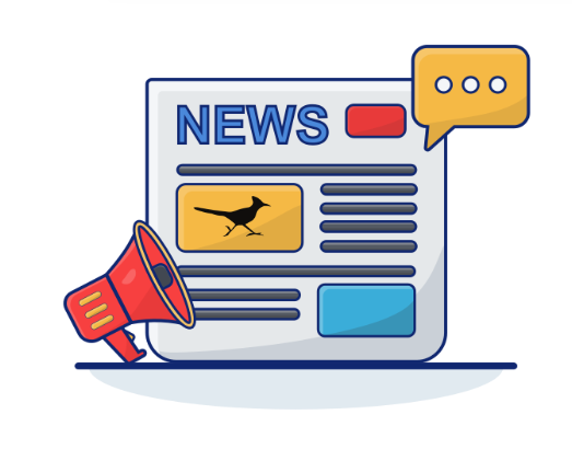 Graphic of newspaper with News printed at the top. A red bullhorn is at lower left and yellow speaking bubble with three dots in upper right.