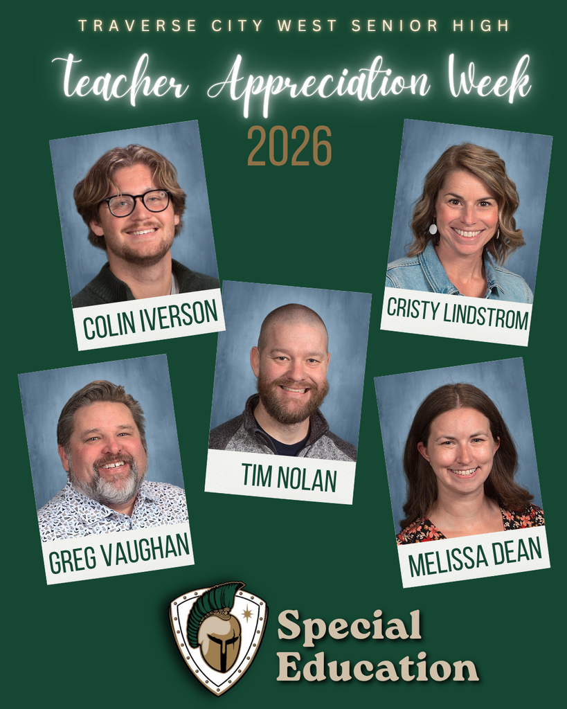 Poster for Teacher Appreciation Week 2026 at Traverse City West Senior High. Five photos of smiling teachers are featured.