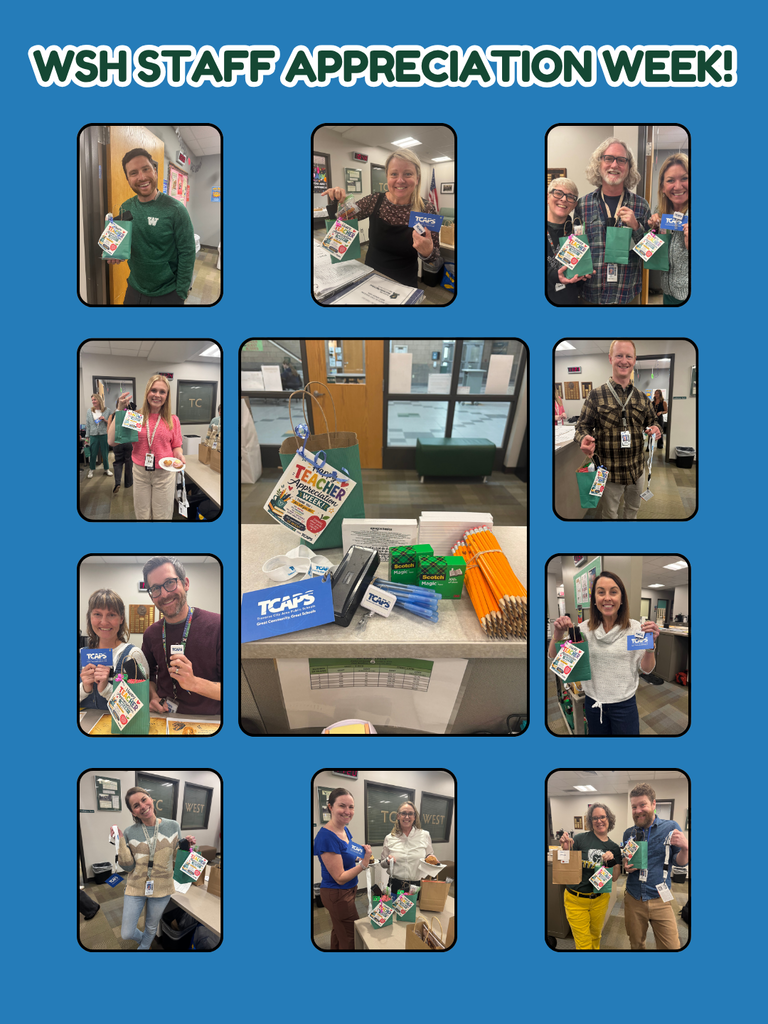 A collage of nine photos shows people at an event, holding cards, standing in front of a table with items. Blue background with text "WSH STAFF APPRECIATION WEEK!".