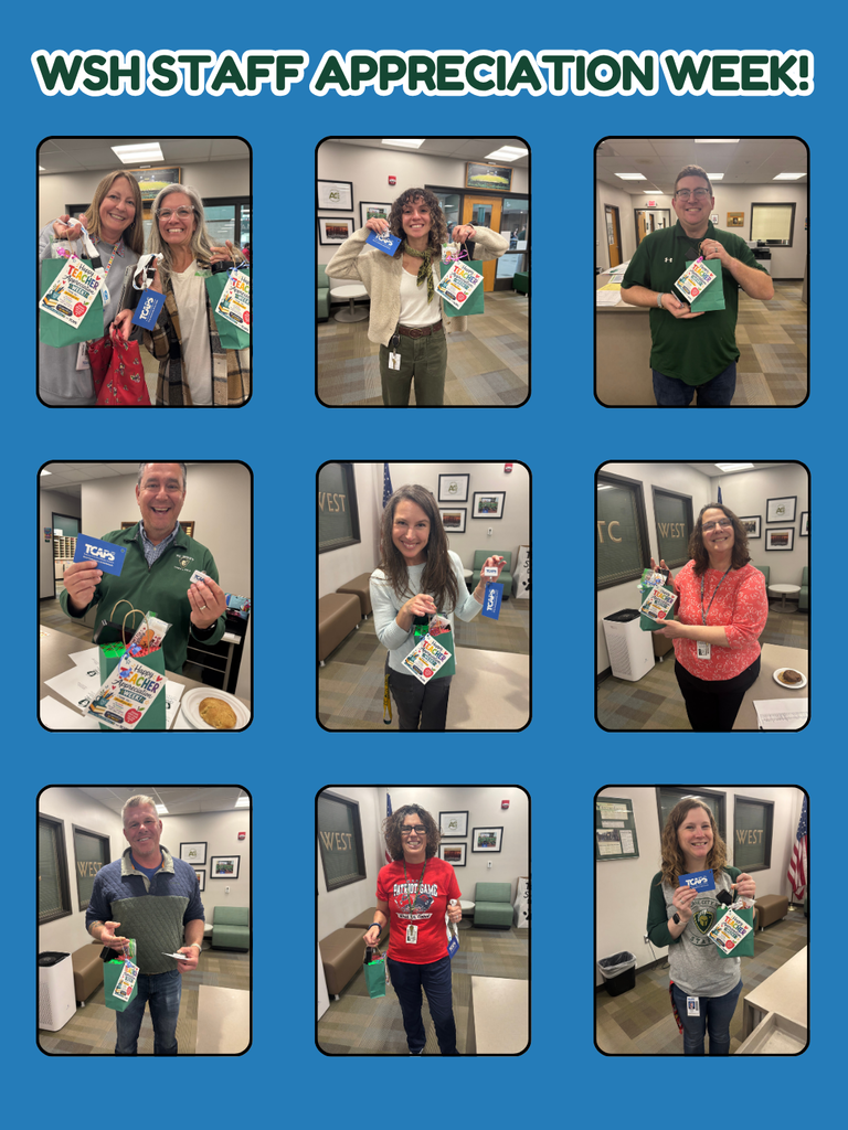 Grid of eight photos, each showing a person holding a bag, text above reads "WSH STAFF APPRECIATION WEEK!"