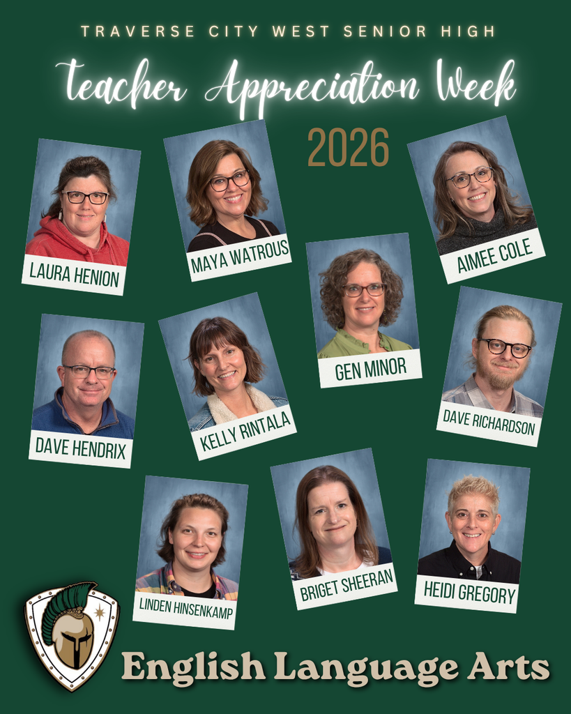 Poster with "Teacher Appreciation Week 2026" title. Photos of nine teachers are displayed. Green background.