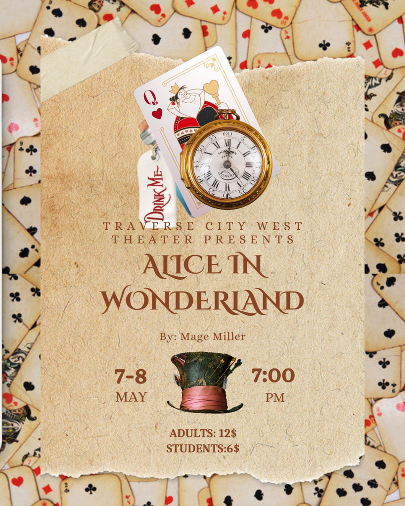An invitation for "Alice in Wonderland" shows a Mad Hatter hat, clock, cards, and ticket on a background of playing cards.