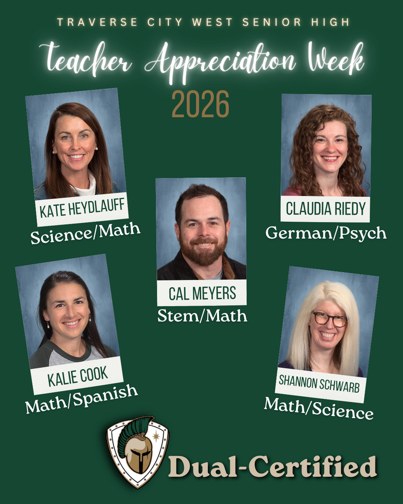 A poster features a series of six teacher headshots with names and subjects below. A school shield and "Dual-Certified" text at the bottom.