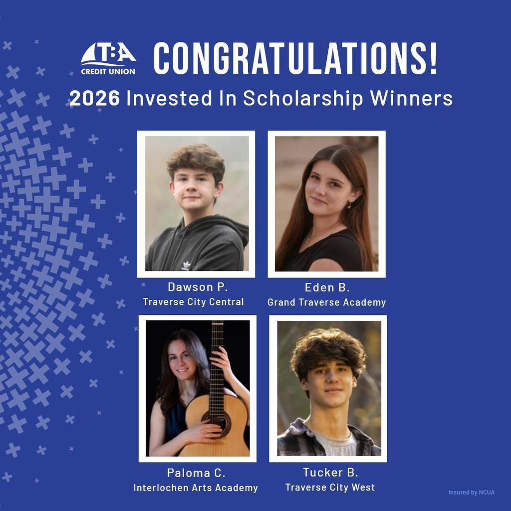 Four winners of a scholarship program are shown in a blue background. Each student is listed with their name and school.