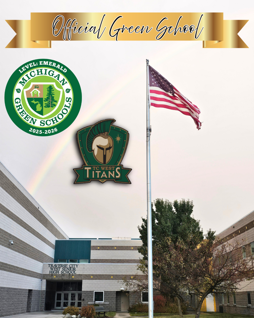 Rainbow in the sky, American flag, and a school building with a green roof and a logo.
