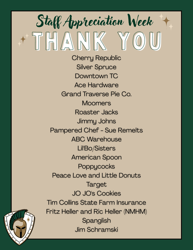 Green and beige poster titled "Staff Appreciation Week" with "Thank You" in bold. Lists businesses and individuals, ending with "Jim Schramski".
