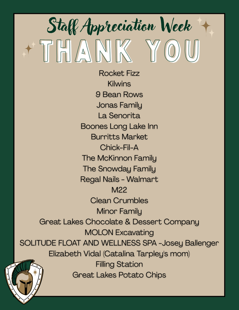 An advertisement poster highlights a "Staff Appreciation Week Thank You" event. It features a list of sponsors and companies in a green background.