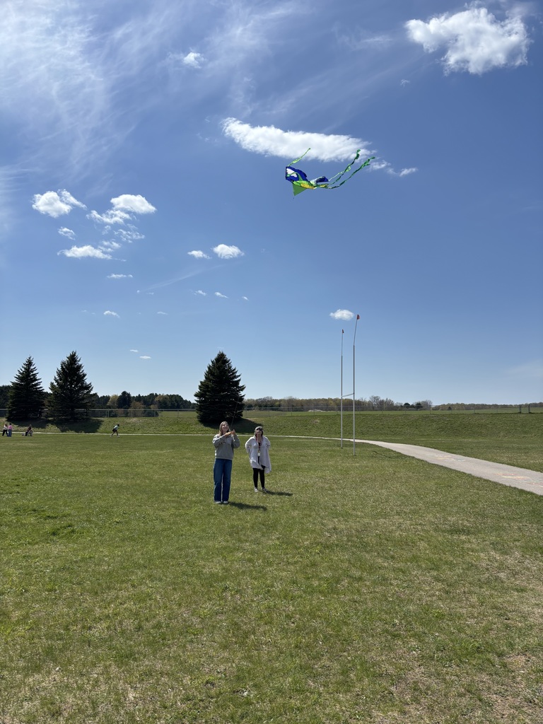 Two individuals in a grassy field, with a multicolored kite soaring in the sky. Trees and a pathway are in the background.