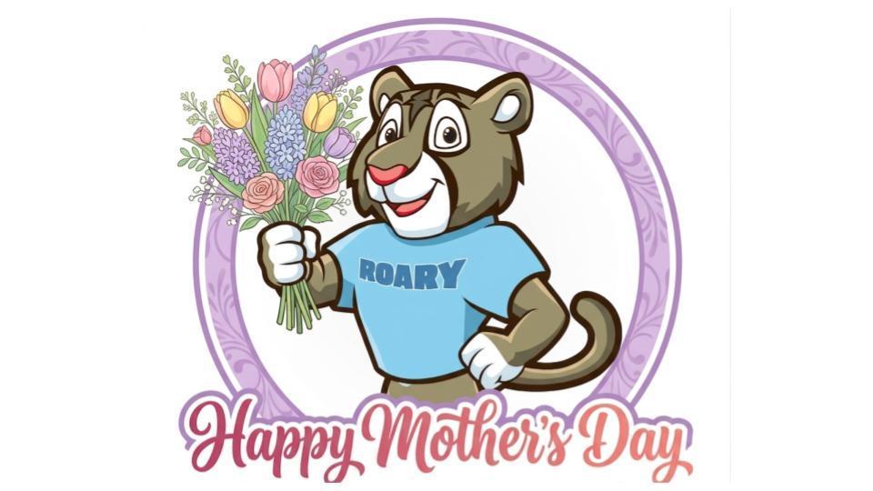 A cartoon bear wearing a blue shirt holds a bouquet of flowers. Purple circle surrounds the image with "Happy Mother's Day" in pink text.