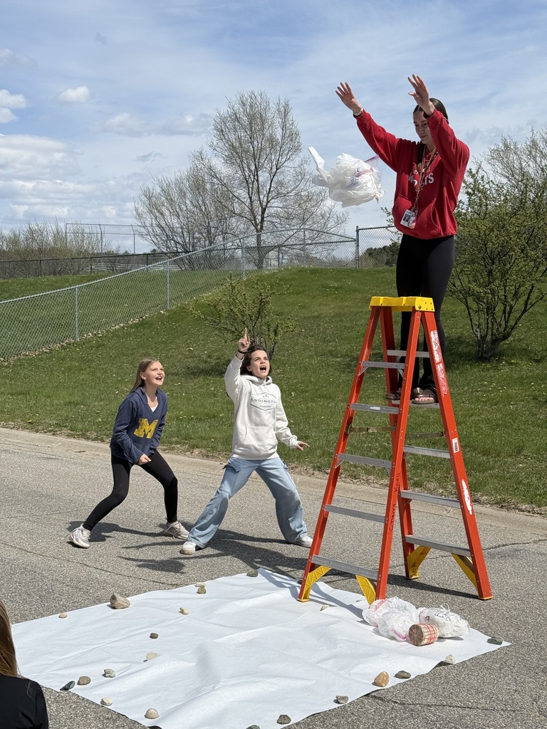 An educator on a ladder drops a student-designed egg protection device as excited students watch.