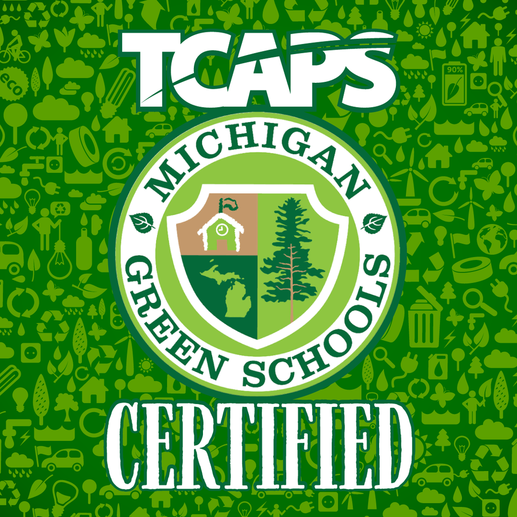 Green background with icons and a shield logo saying "Michigan Green Schools Certified" at the top.