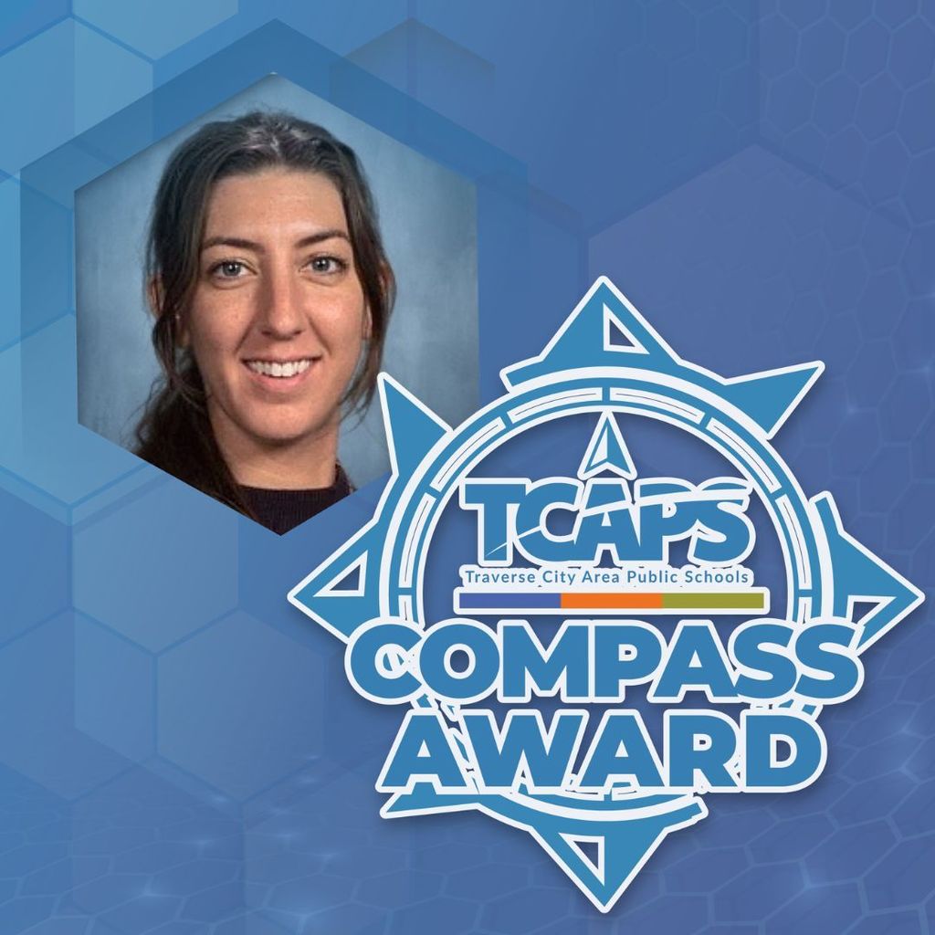 A smiling woman in a hexagon shape is on a blue background with the TCAPS Compass Award logo.