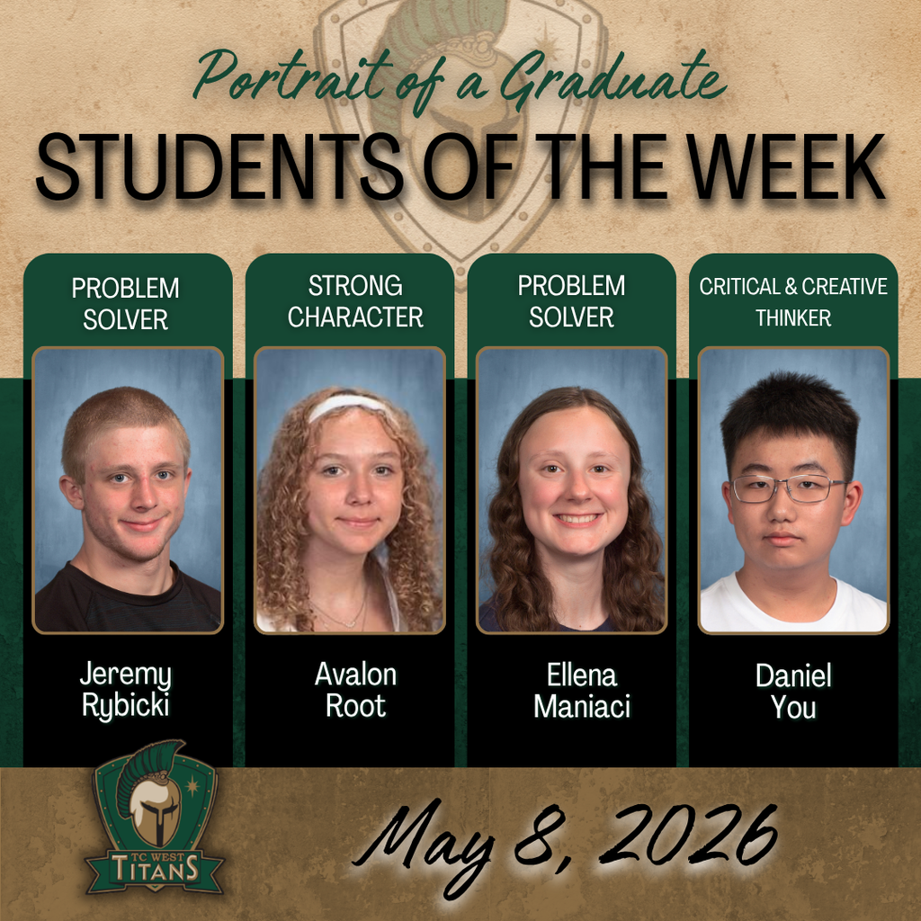 Five students are featured in a collage with their names and accolades. The date is May 8, 2026.