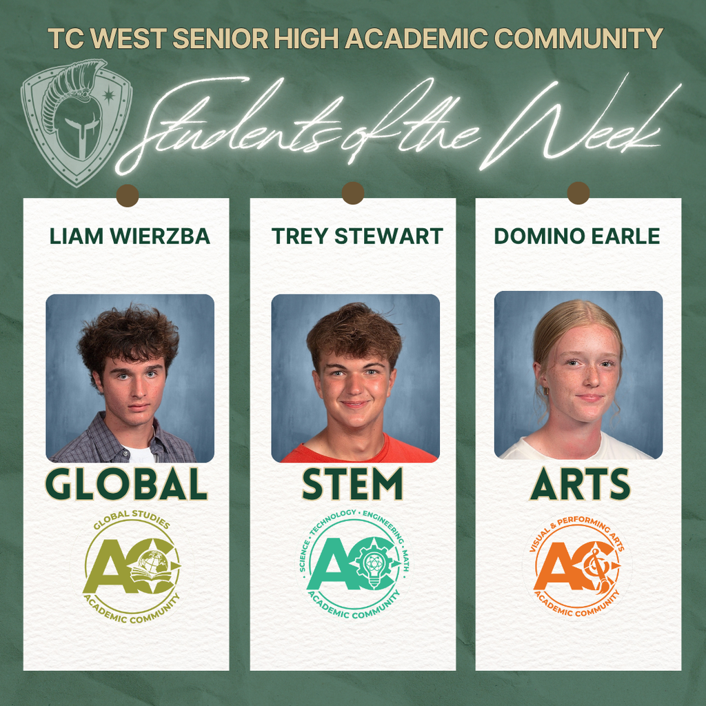 Three students with names: Liam, Trey, and Domino. Categories: Global, Stem, Arts. Logos next to categories.