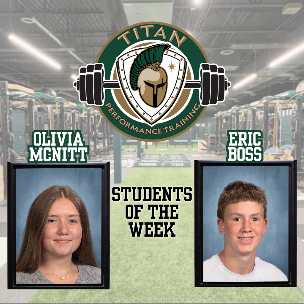 Two students, Olivia and Eric, stand in front of a gym with Titan Performance Training logo.
