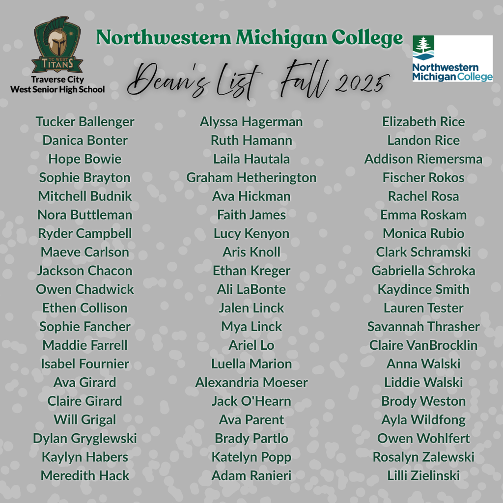 A white background displays a list of names. The names are in three columns, with the title "Dean's List Fall 2025" at the top.
