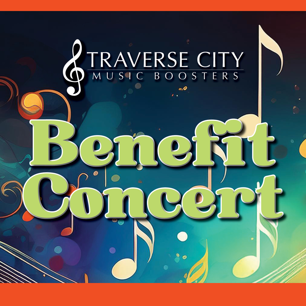 A poster for a Traverse City Music Boosters Benefit Concert. Musical notes and symbols decorate the background.
