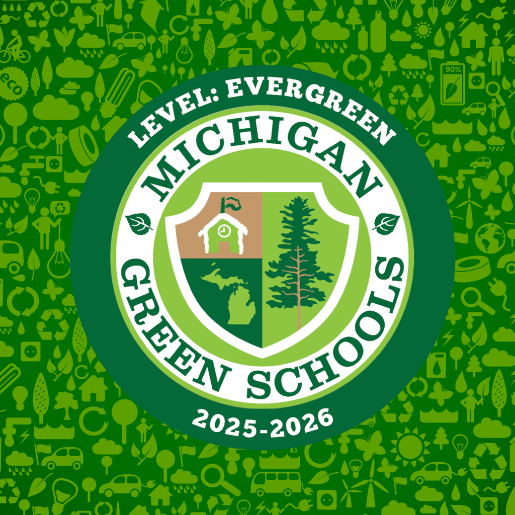 Logo for Michigan Green Schools with a shield design. It includes a tree, a house, and Michigan's outline.