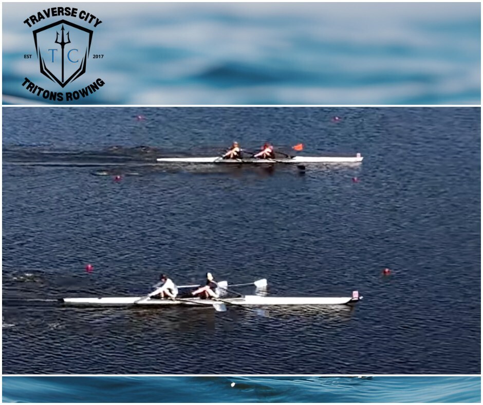 Two boats on a body of water with people rowing. One boat has three people. Logos on top left corner.