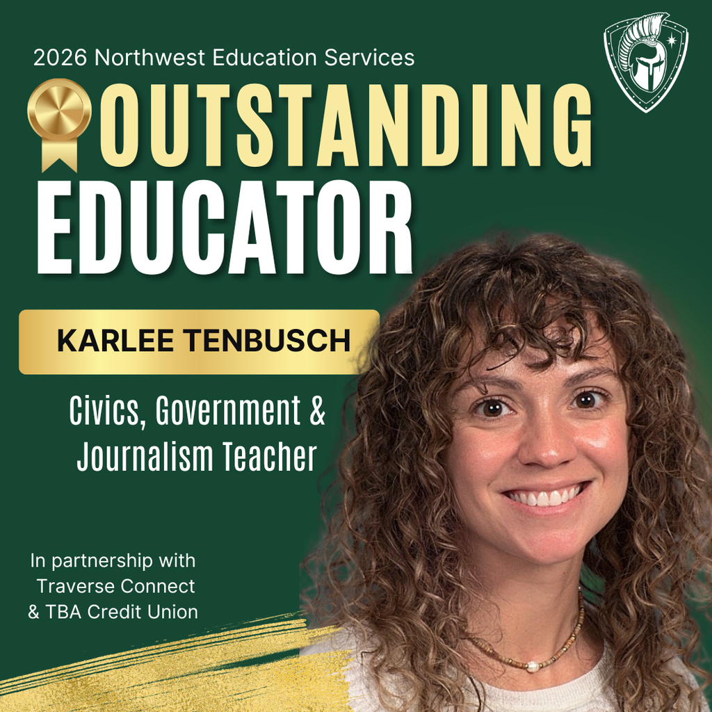 A smiling woman with curly hair stands against a green background. Text reads "Outstanding Educator" and "Karlee Tenbusch, Civics, Government & Journalism Teacher."