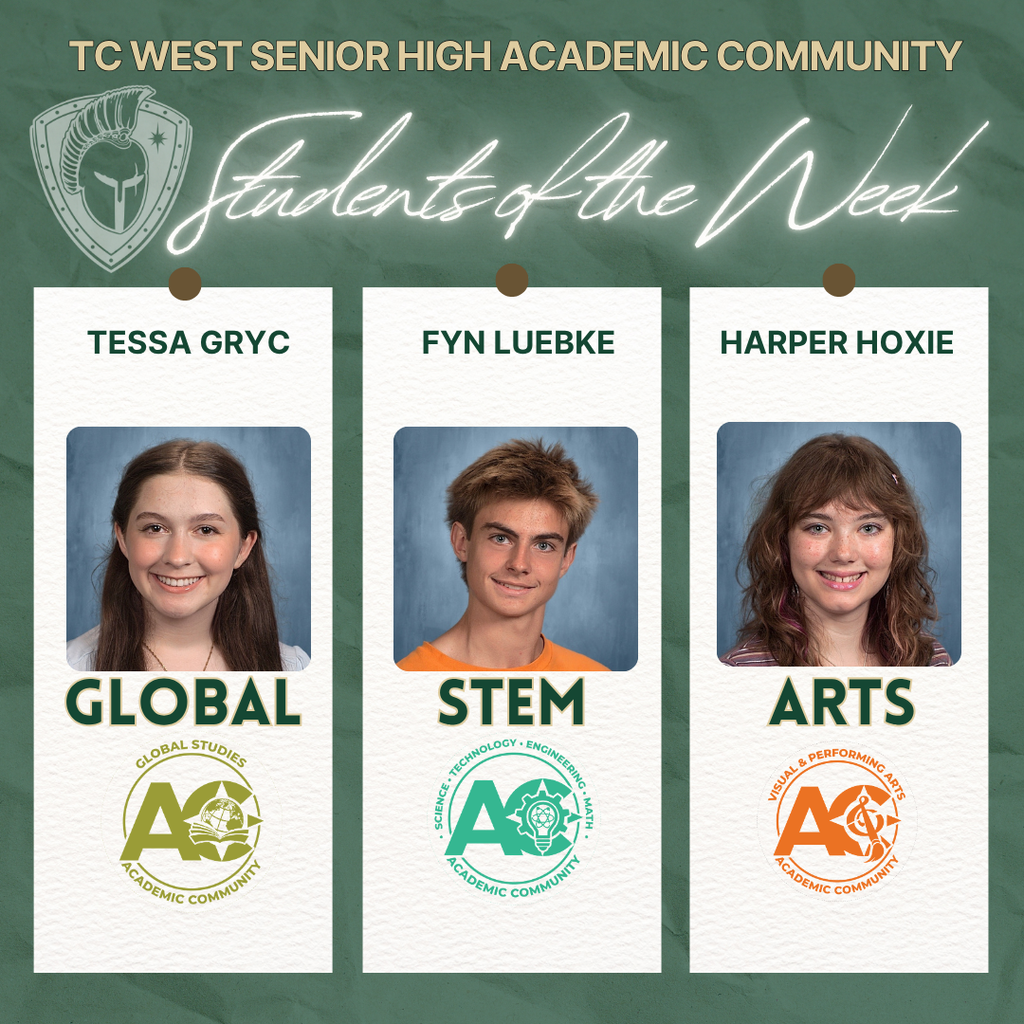 Three students are shown on a green background, each in their respective category: Global, STEM, Arts.