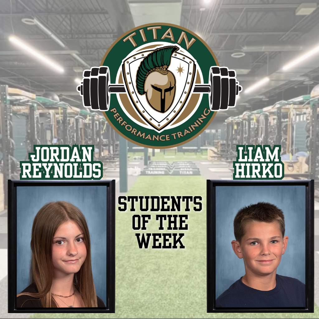 Display of two students, Jordan Reynolds and Liam Hirko, under the Titan Performance Training logo.