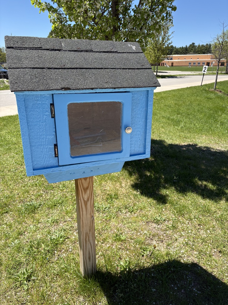 A free library -  small blue box with a gray roof, resembling a house, sits on a wooden post in a grassy area.