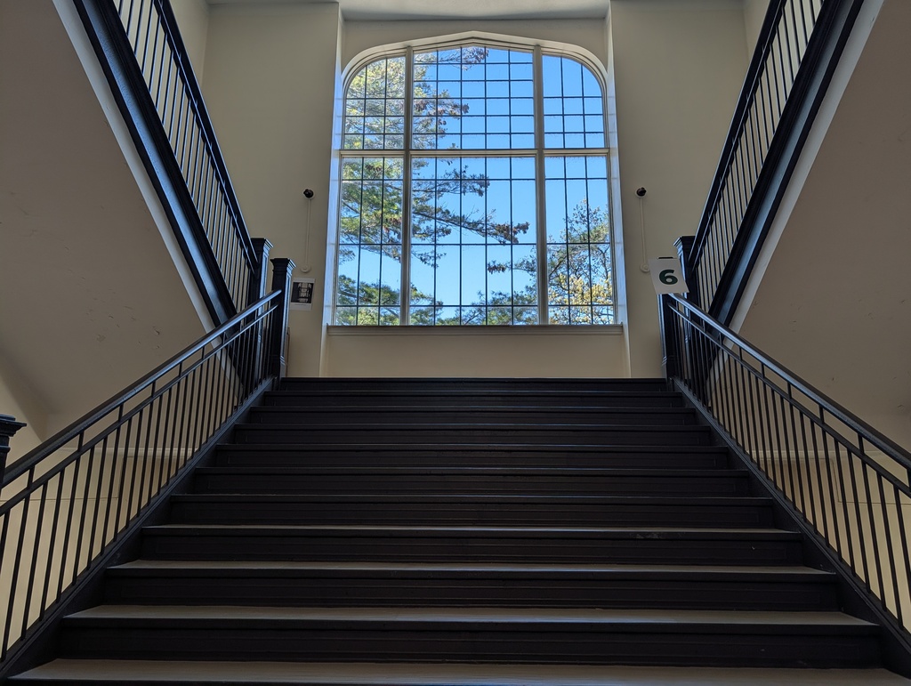 A staircase with dark steps and black railings, leading up to a large arched window with glass panes.