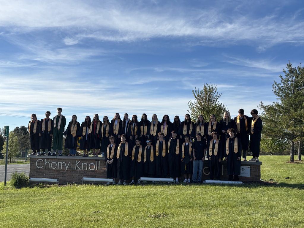 A group of graduates wearing gowns and gold stoles posing on a brick sign that reads "Cherry Knoll".