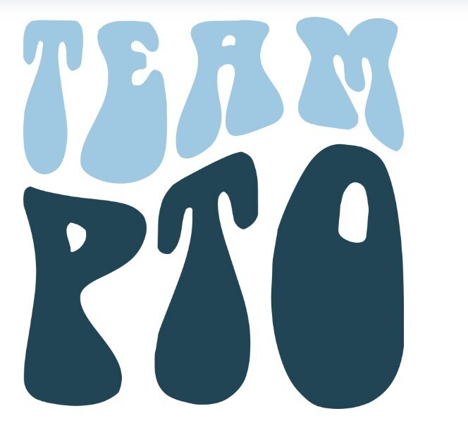 Text "TEAM PTO" in blue, white, and navy blue font on a white background. Each letter has a unique, stylized design.