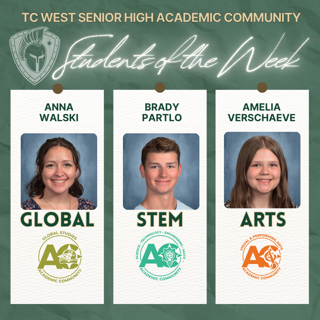 Three students are featured on a green background. Each is named and assigned to Global, Stem, and Arts.