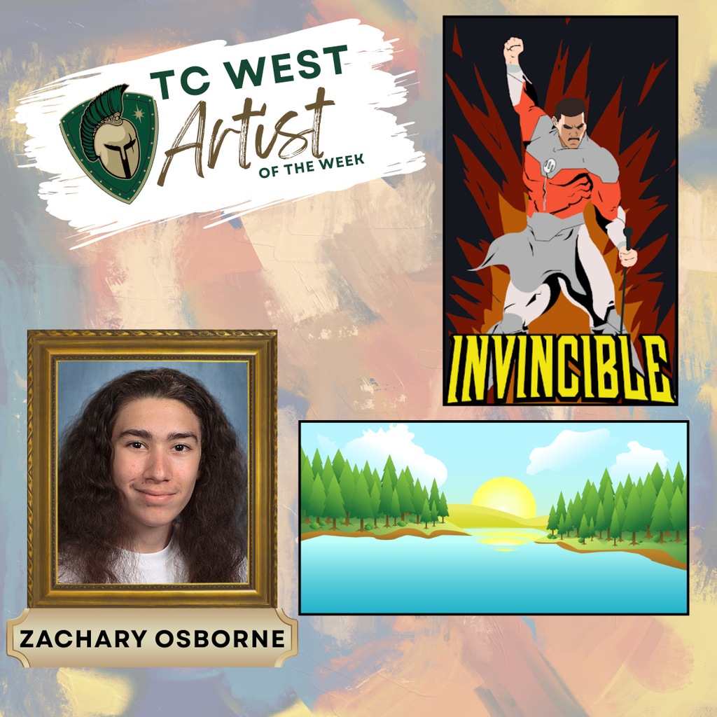 A collage features an artist's photo, a logo, an illustration, and a landscape scene. The logo reads "TC West Artist of the Week".
