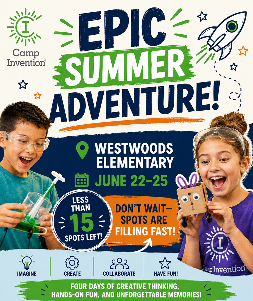 Two children, a boy and a girl, smile with science toys and glasses. A rocket, stars, and a "Less Than 15 Spots Left" banner.