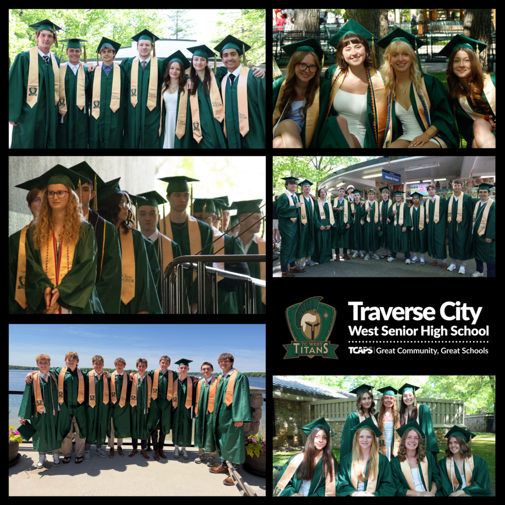 Collage of West Senior High School students in green graduation gowns and caps, some with gold stoles.