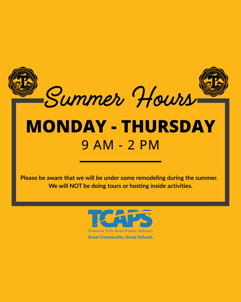 Yellow background with text. "Summer Hours" is at the top, followed by "MONDAY - THURSDAY 9 AM - 2 PM" and a note about remodeling.