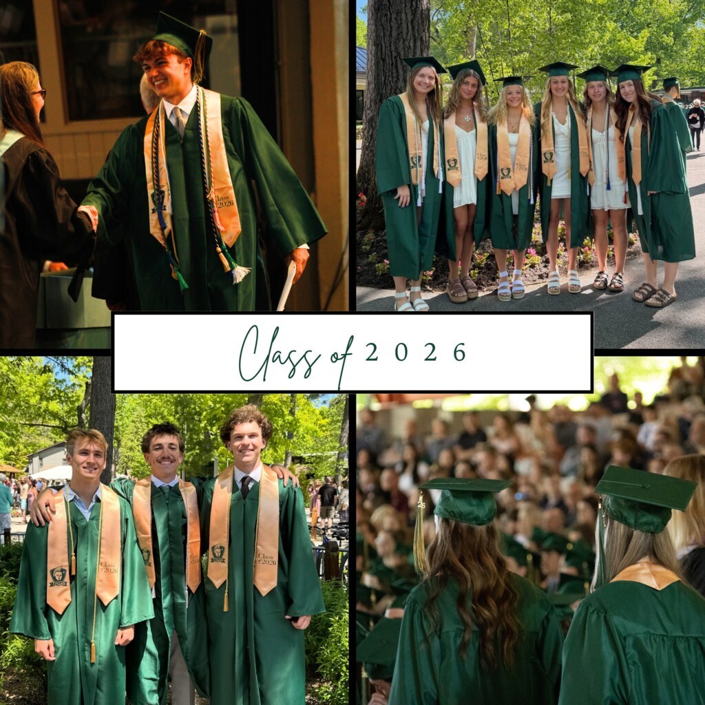 Multiple photos of students in green gowns, some in a group, some in pairs, and some with a tassel.