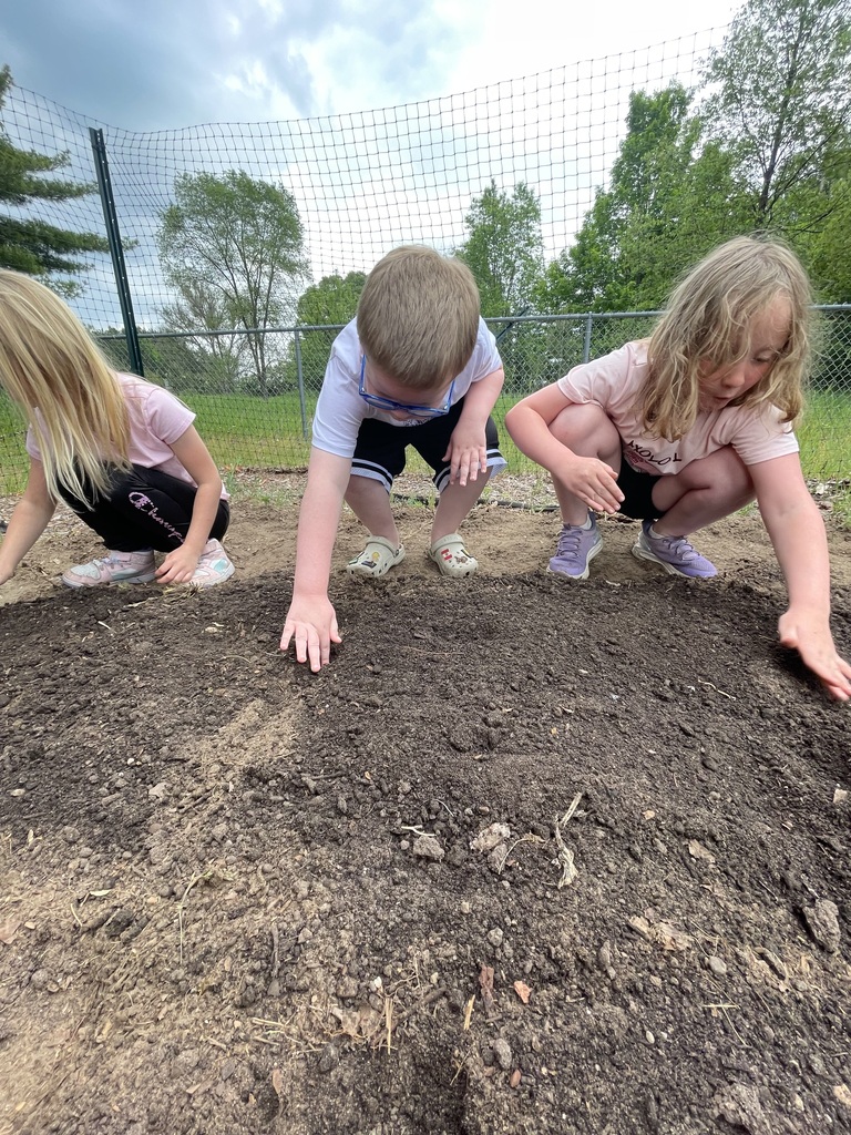 Three children on a dirt plot. One leans forward while another looks up. Trees and a fence in the background.
