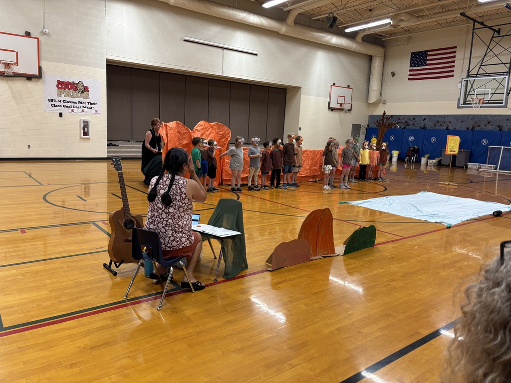 An indoor basketball court with a flag, a person playing guitar, and a woman sitting on a chair.