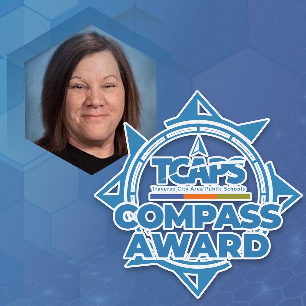 A blue hexagonal background displays a smiling woman and the text "TCAPS Compass Award".