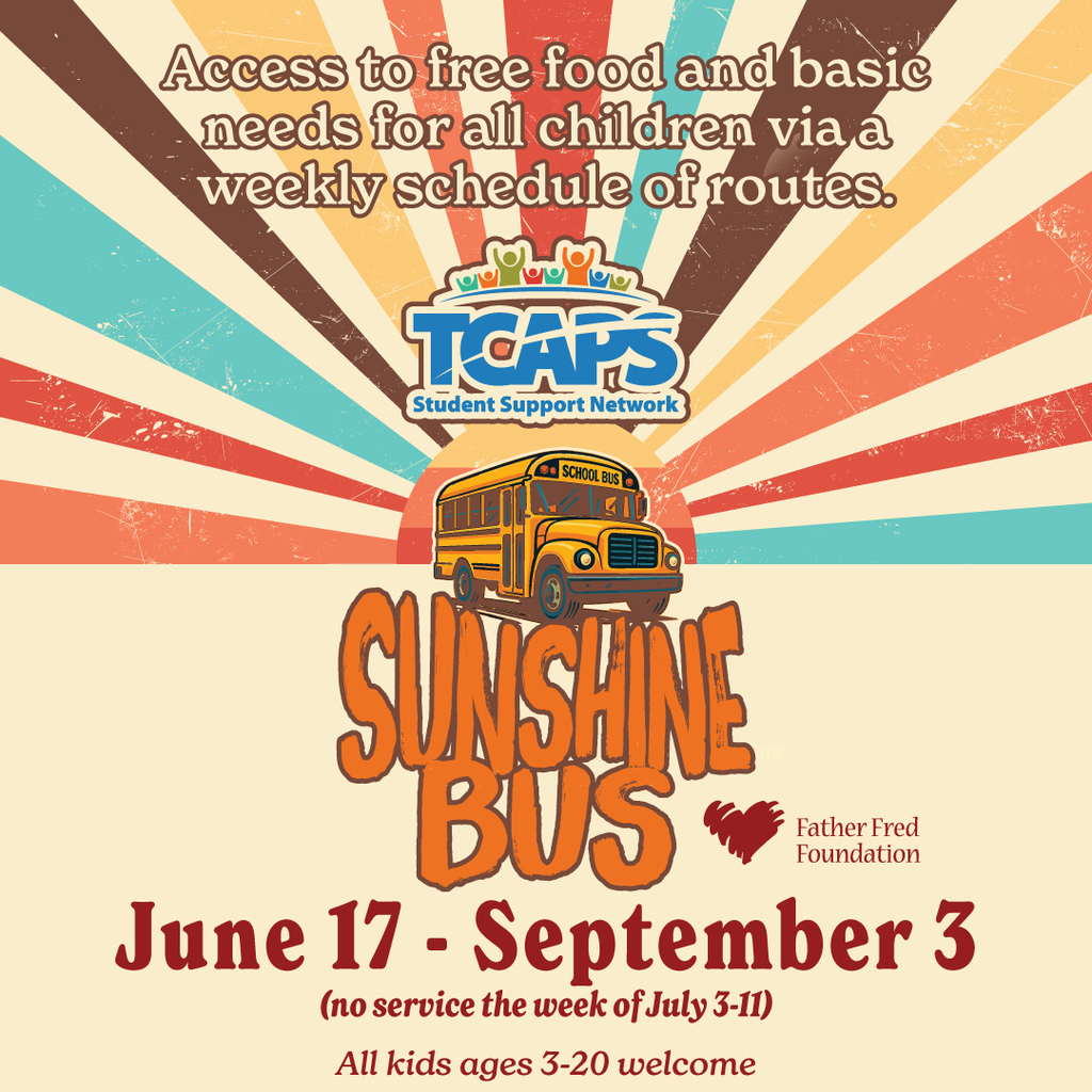 A colorful poster for Sunshine Bus with a bus icon. Dates: June 17 - September 3. No service July 3-11.