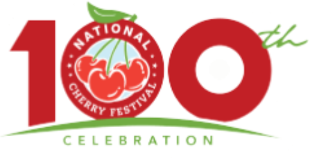 Logo with "National Cherry Festival 100th Celebration" and a red cherry with leaves above "CHERRY FESTIVAL".