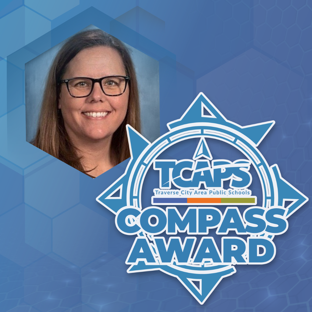 Woman in glasses smiles beside hexagon shape; TCAPS Compass Award logo features star-like design on blue background.