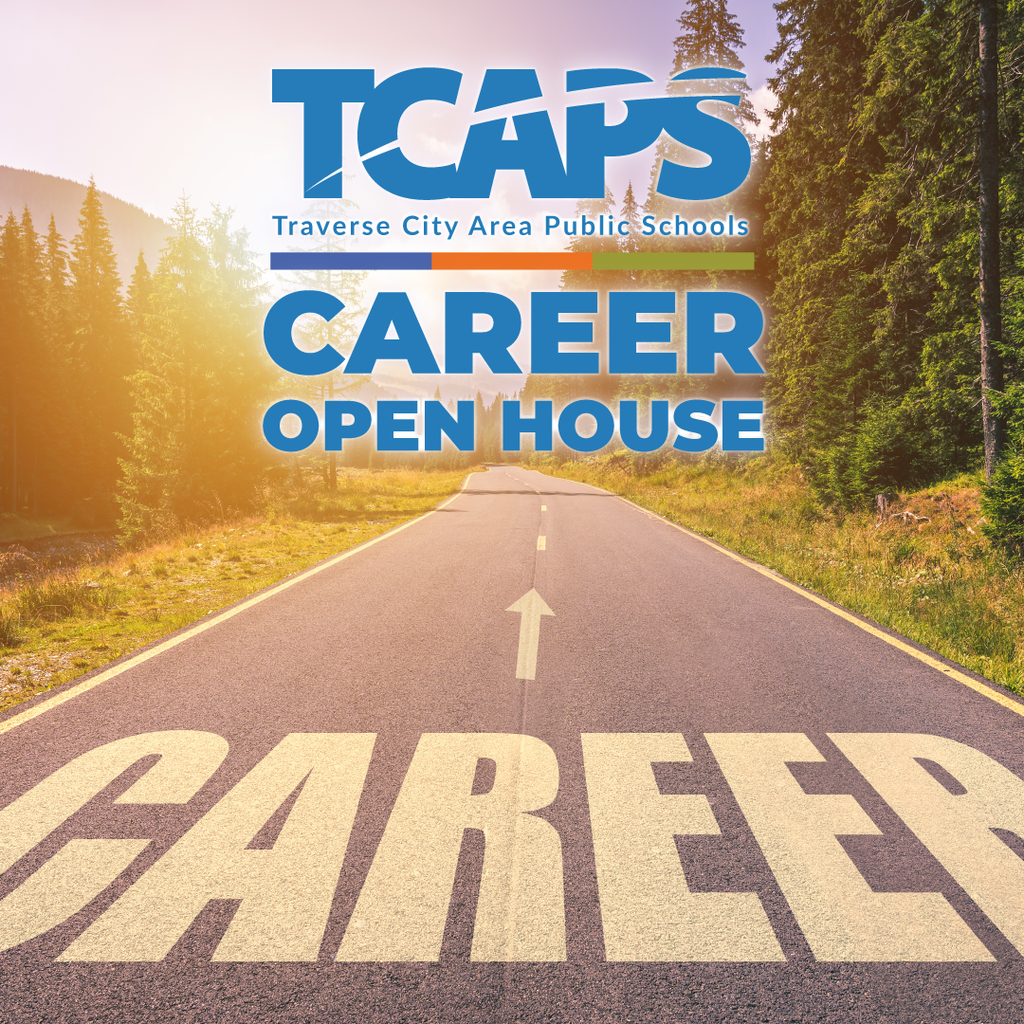 An empty road with "Career" written on it, leading to a sign reading "Career Open House" with the TCAPS logo.