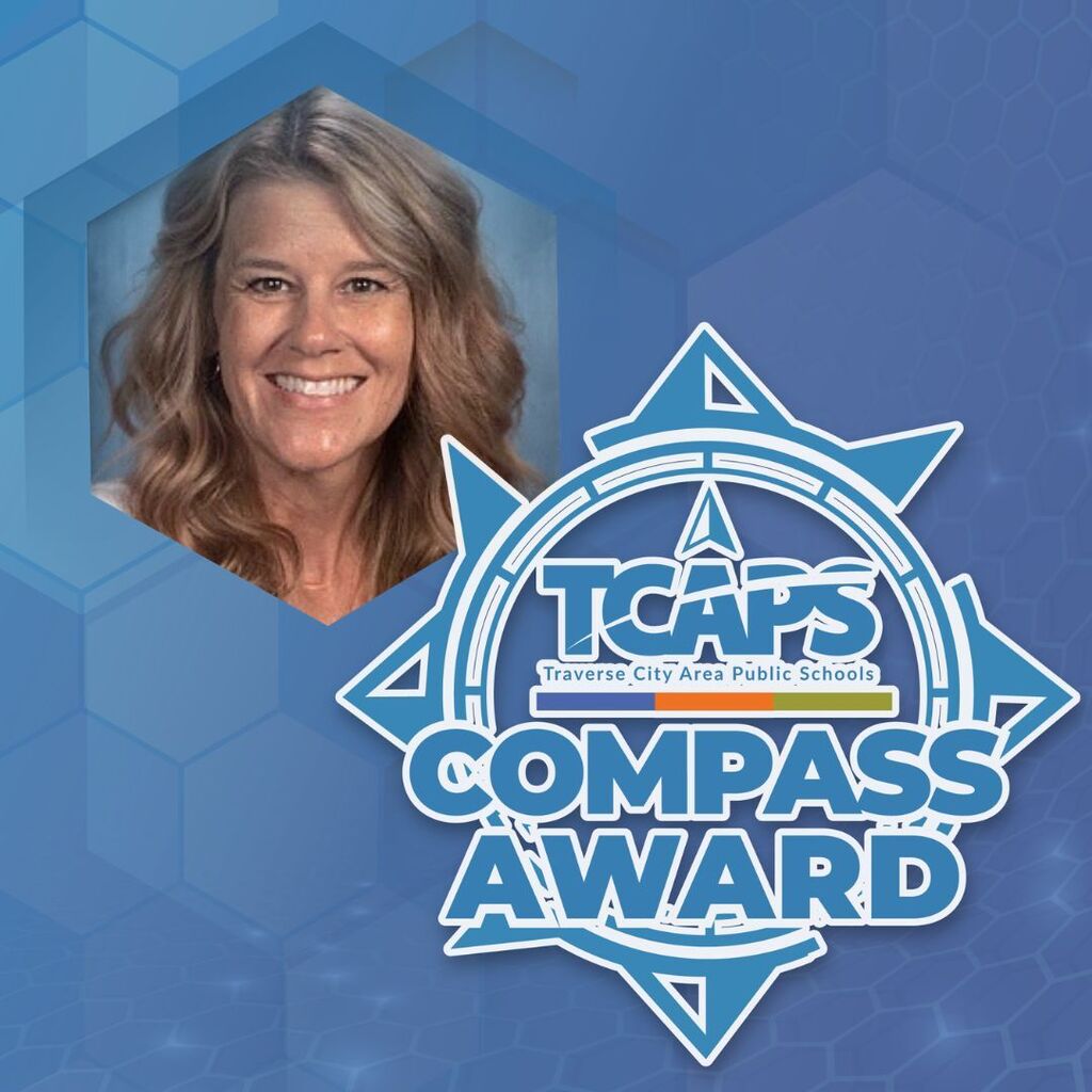 Woman with a smile on a blue background. Logo says "TCAP's Compass Award" with blue and white shapes.