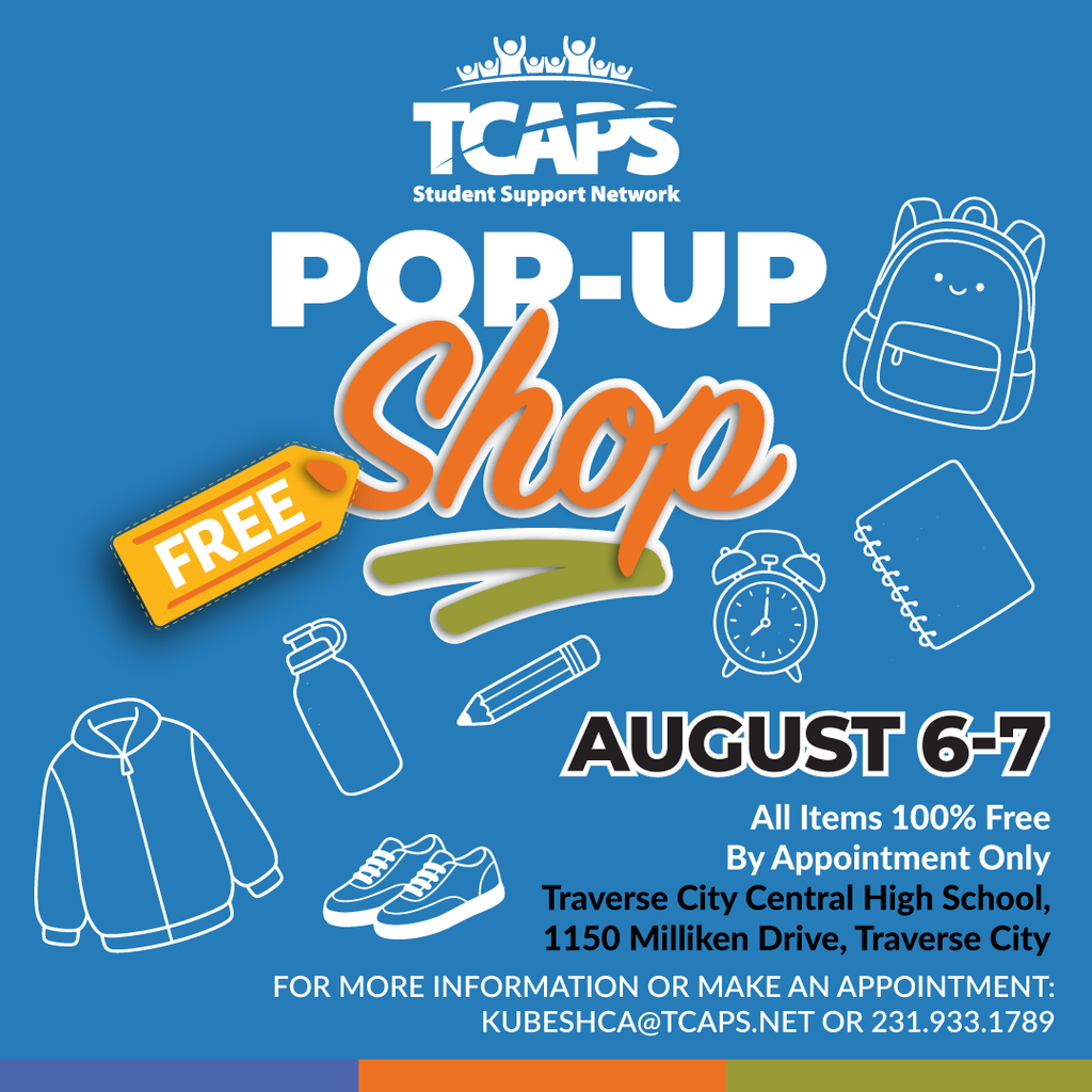 Poster for a pop-up shop with blue background. It says "Free POP-UP Shop August 6-7" with icons of a backpack, alarm clock, and more.