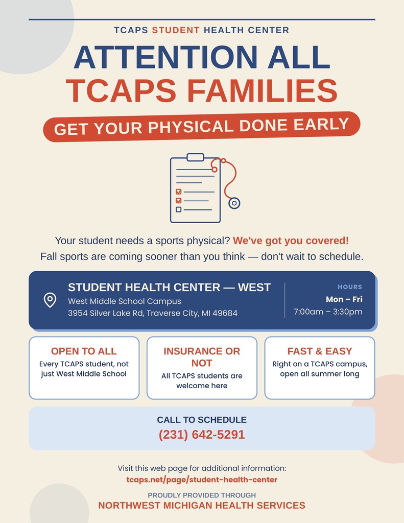 A flyer for TCAPS Student Health Center. It includes details about locations, hours, and how to schedule a visit.